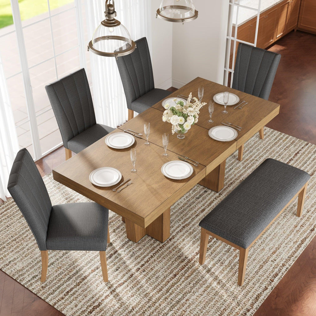 Extendable Wood Dining Table Set for 6 with Bench & Chairs.