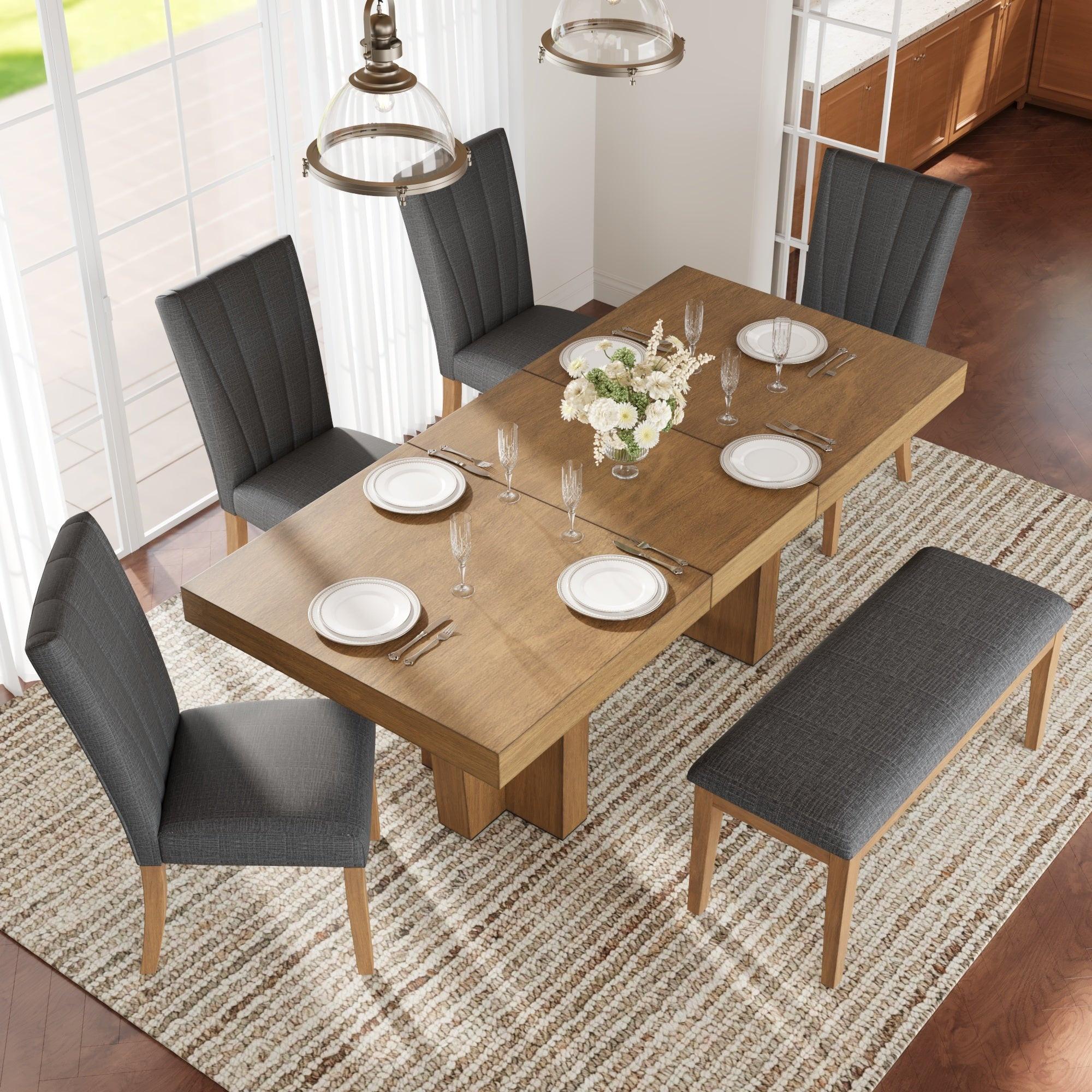Extendable Wood Dining Table Set for 6 with Bench & Chairs.