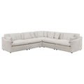 Modern ivory 5-piece modular sectional sofa with slim track arms, feather-filled cushions, and a white fabric finish.