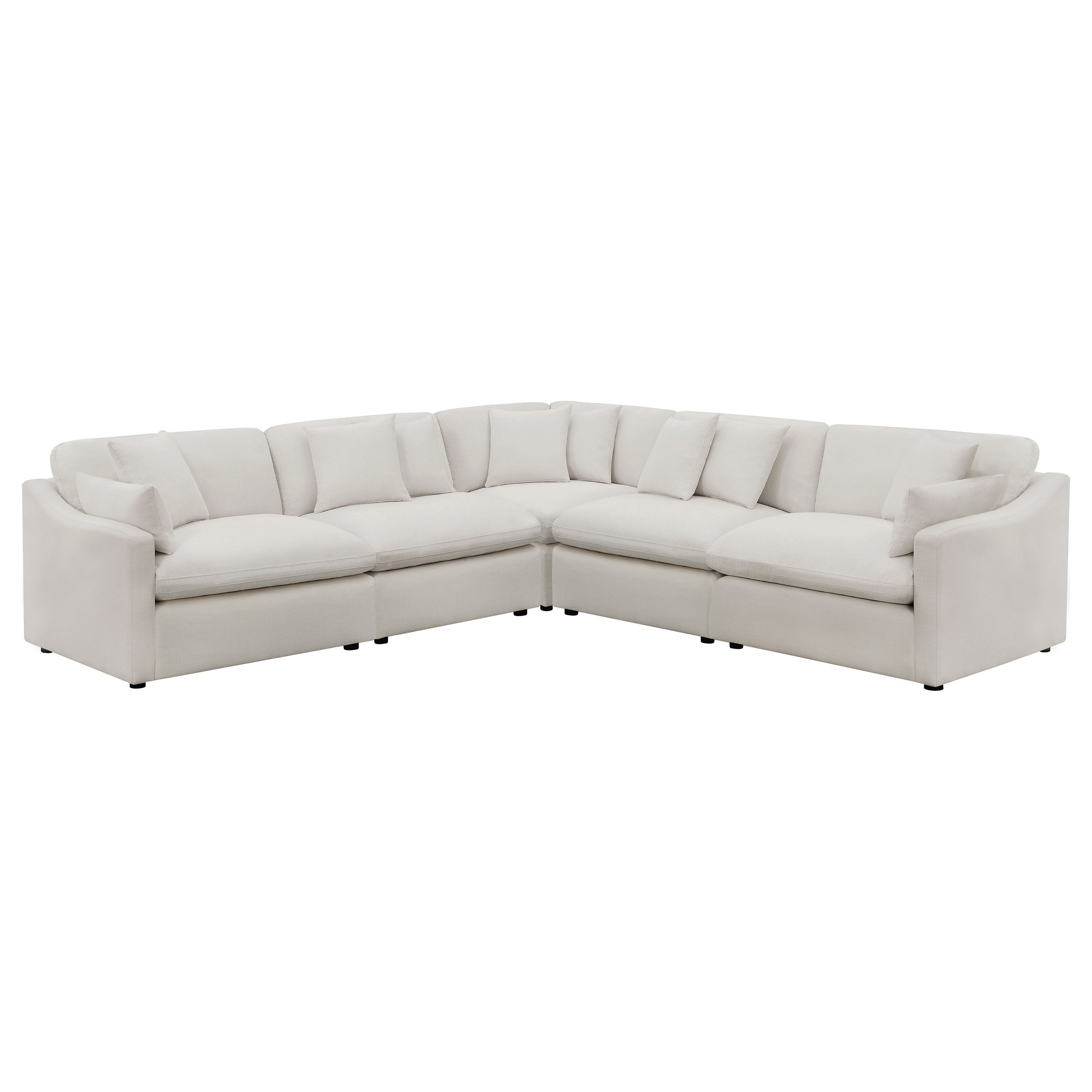 Modern ivory 5-piece modular sectional sofa with slim track arms, feather-filled cushions, and a white fabric finish.
