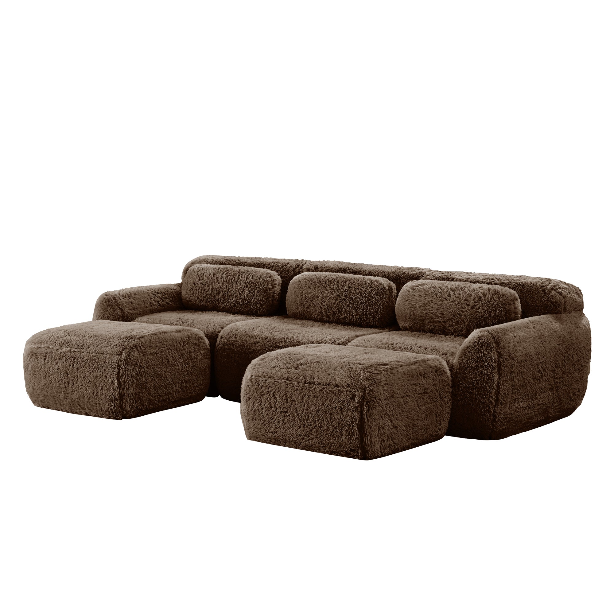 Side angle of modular U-shaped sofa in plush chocolate fabric, highlighting its ergonomic design and non-slip base.
