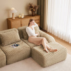 Relaxed woman lounging on the Modern L-Shaped Modular Sofa - Oversize 4-Seater Couch in a cozy living room setting.