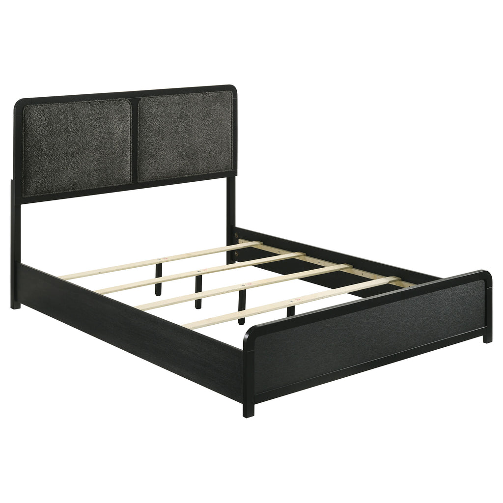 Modern queen bed frame in black wood with a charcoal upholstered headboard, soft padded design, and wood slat base.