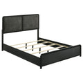 Modern queen bed frame in black wood with a charcoal upholstered headboard, soft padded design, and wood slat base.