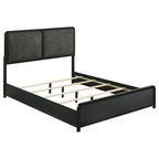 Modern queen bed frame in black wood with a charcoal upholstered headboard, soft padded design, and wood slat base.