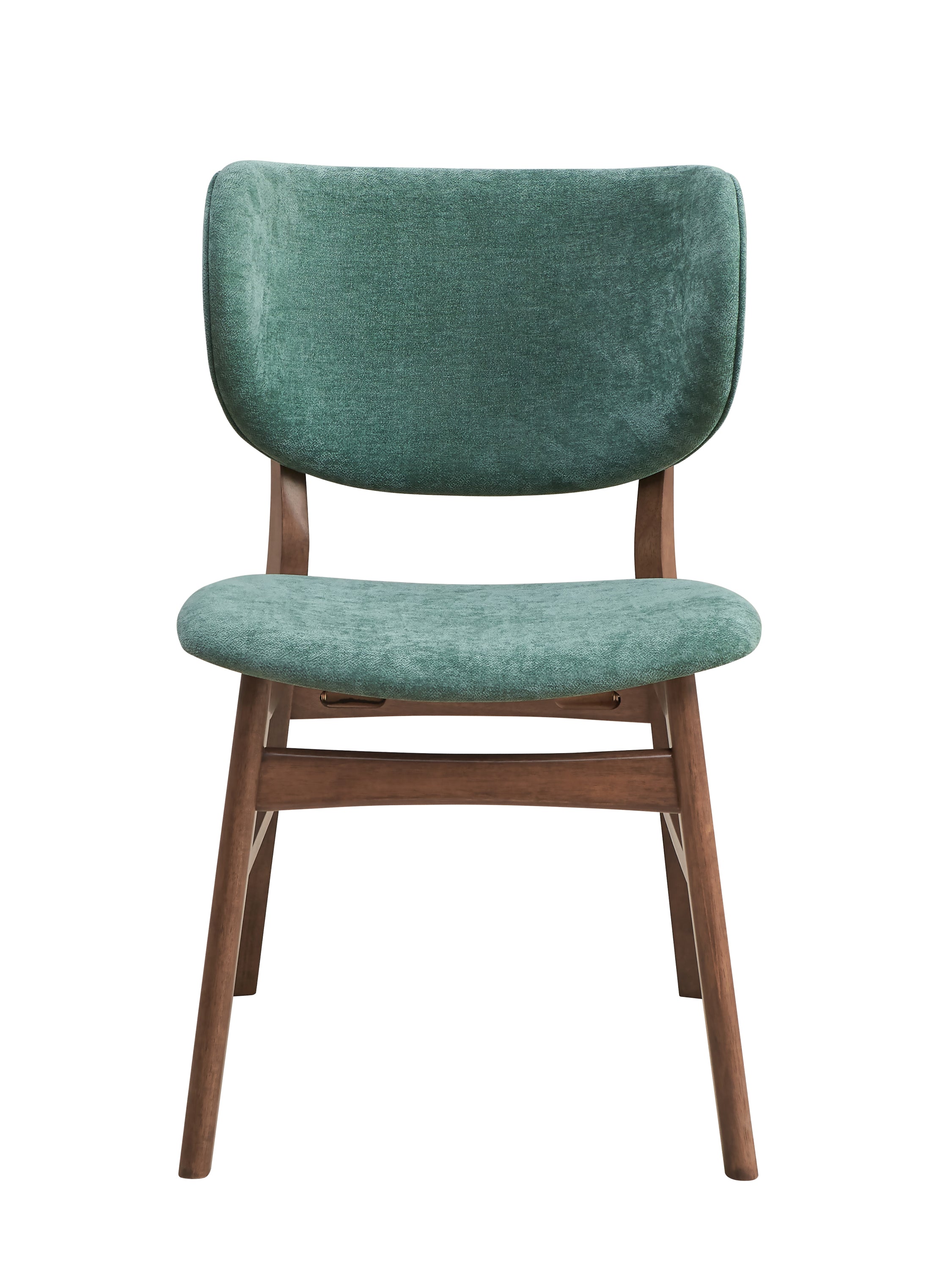 Front view of green upholstered dining chair with walnut legs, offering modern comfort and design in the walnut dining set.