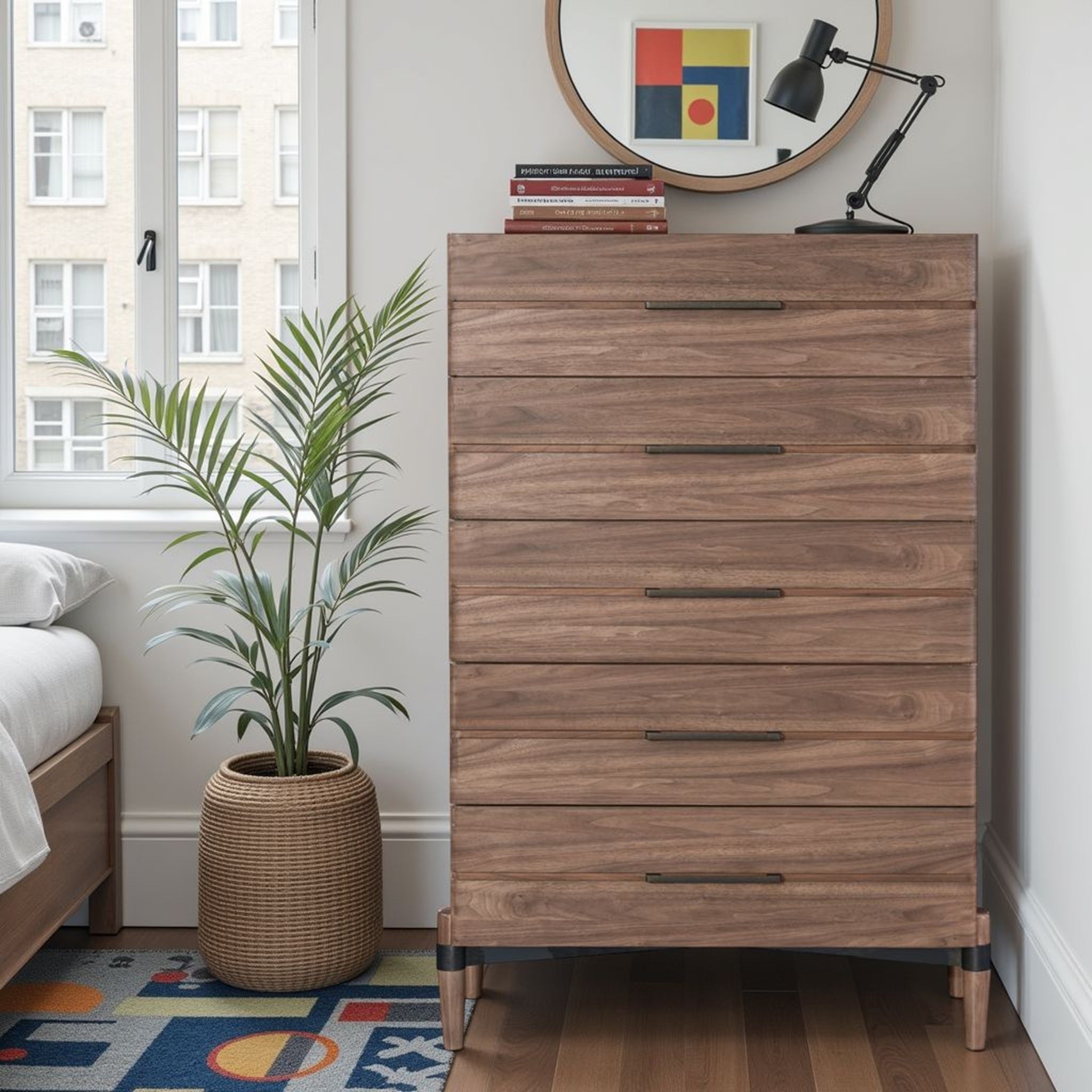 Chest of drawers walnut finish with 5 drawers from Tranquility Collection in modern bedroom. No assembly required, ideal for stylish storage.