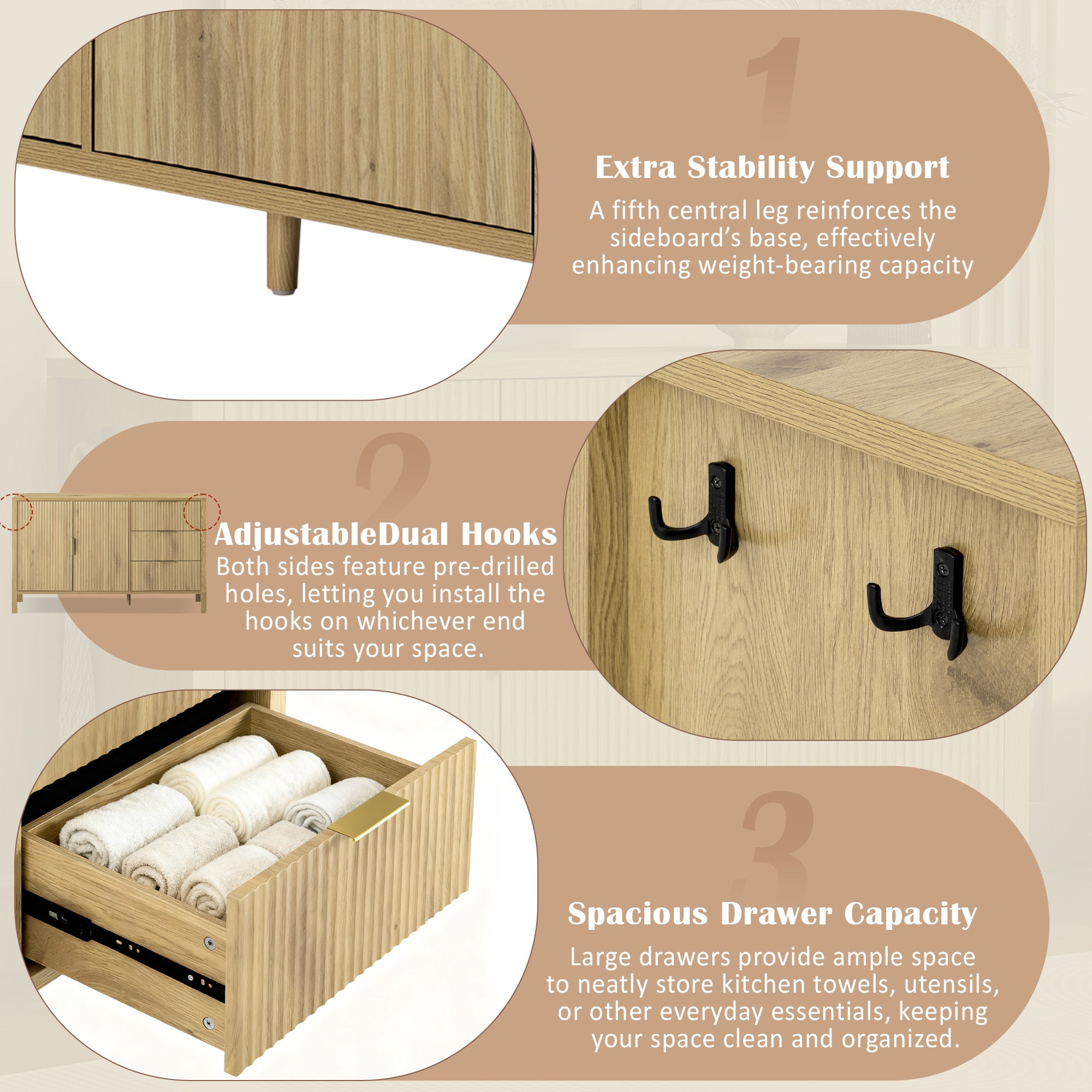 Details of modern sideboard cabinet including extra support leg, dual hooks, and spacious drawers for efficient home storage.