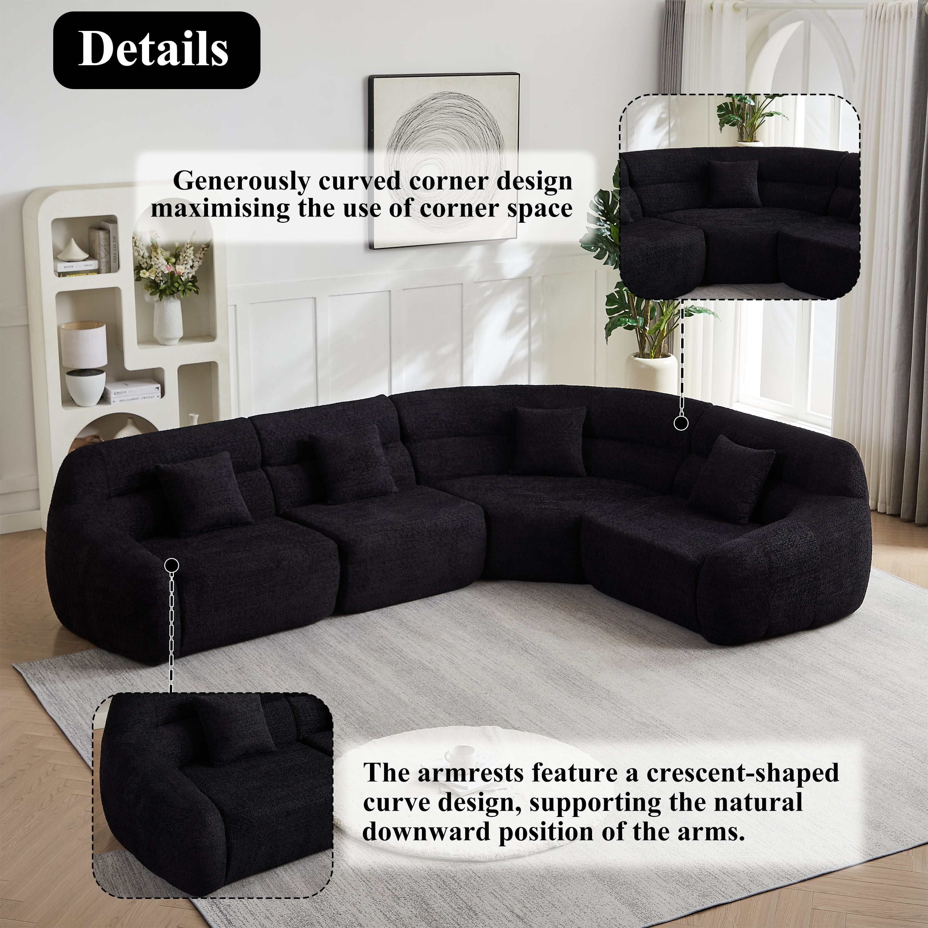 Detail highlights of Modern Black Modular Sofa - curved corner and crescent-shaped armrests for ergonomic comfort and space efficiency.
