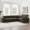Modular sectional sofa in chenille fabric with six seats, shown in a bright living room with large windows and modern decor.