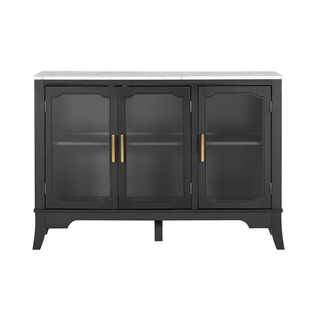 Large black and white storage cabinet with three glass doors and gold handles, featuring adjustable shelves for versatile organization.