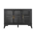 Large black and white storage cabinet with three glass doors and gold handles, featuring adjustable shelves for versatile organization.