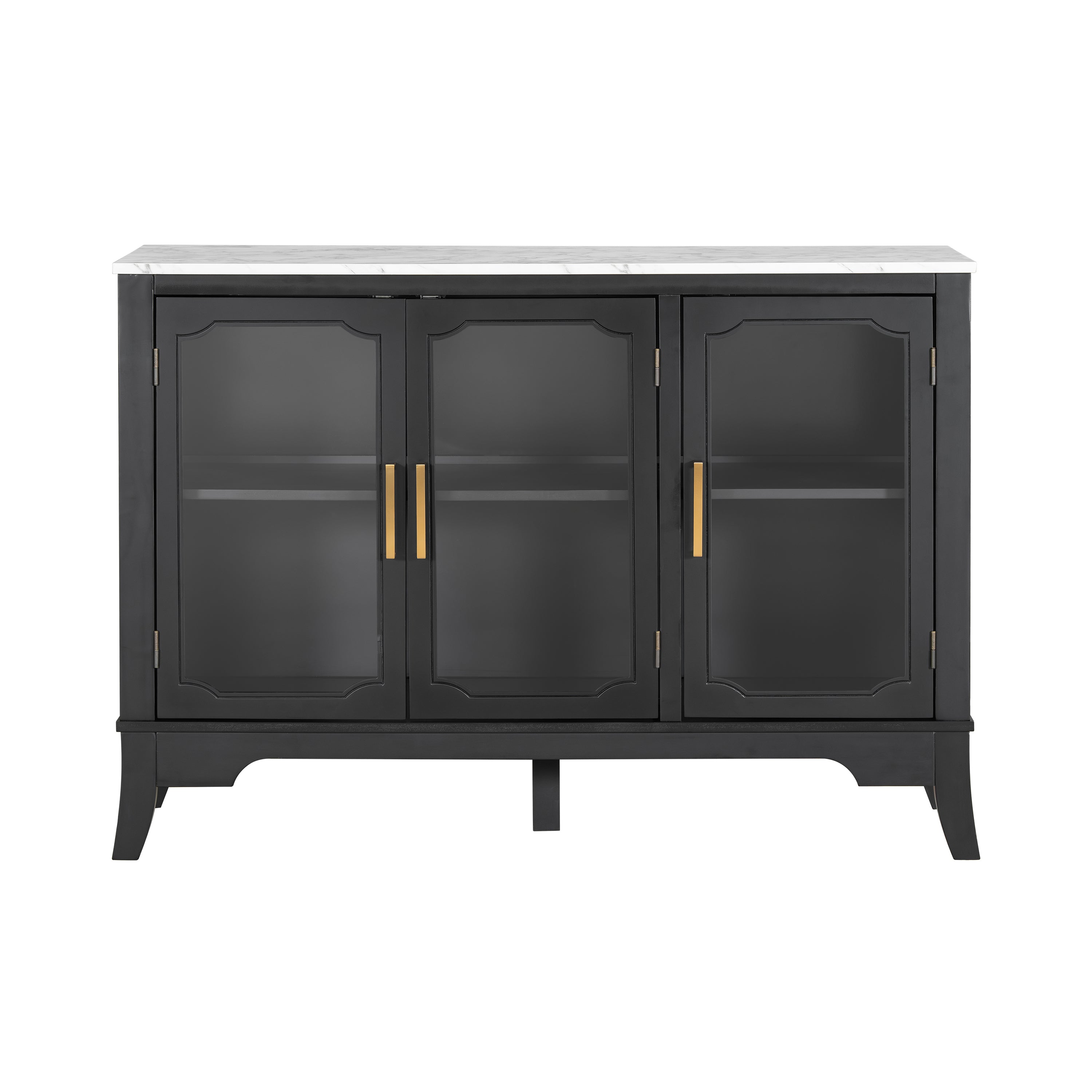 Large black and white storage cabinet with three glass doors and gold handles, featuring adjustable shelves for versatile organization.