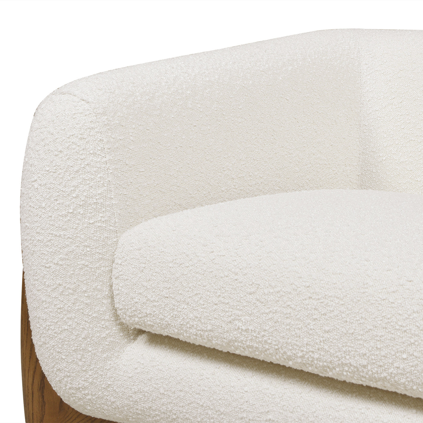 Close-up of Alpine 44' Sherpa Arm Chair's plush ivory white boucle fabric and removable seat cushion.