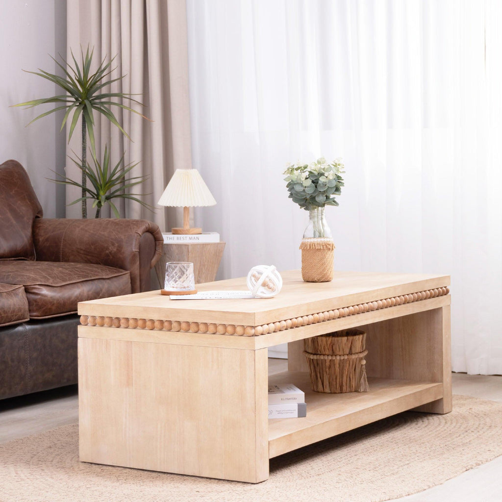 Modern Wood Coffee Table with Beaded Trim – 47 Rectangular Coffee Table with Open Storage Shelf, Light Natural Finish – Farmhouse & Coastal Living Room Furniture.