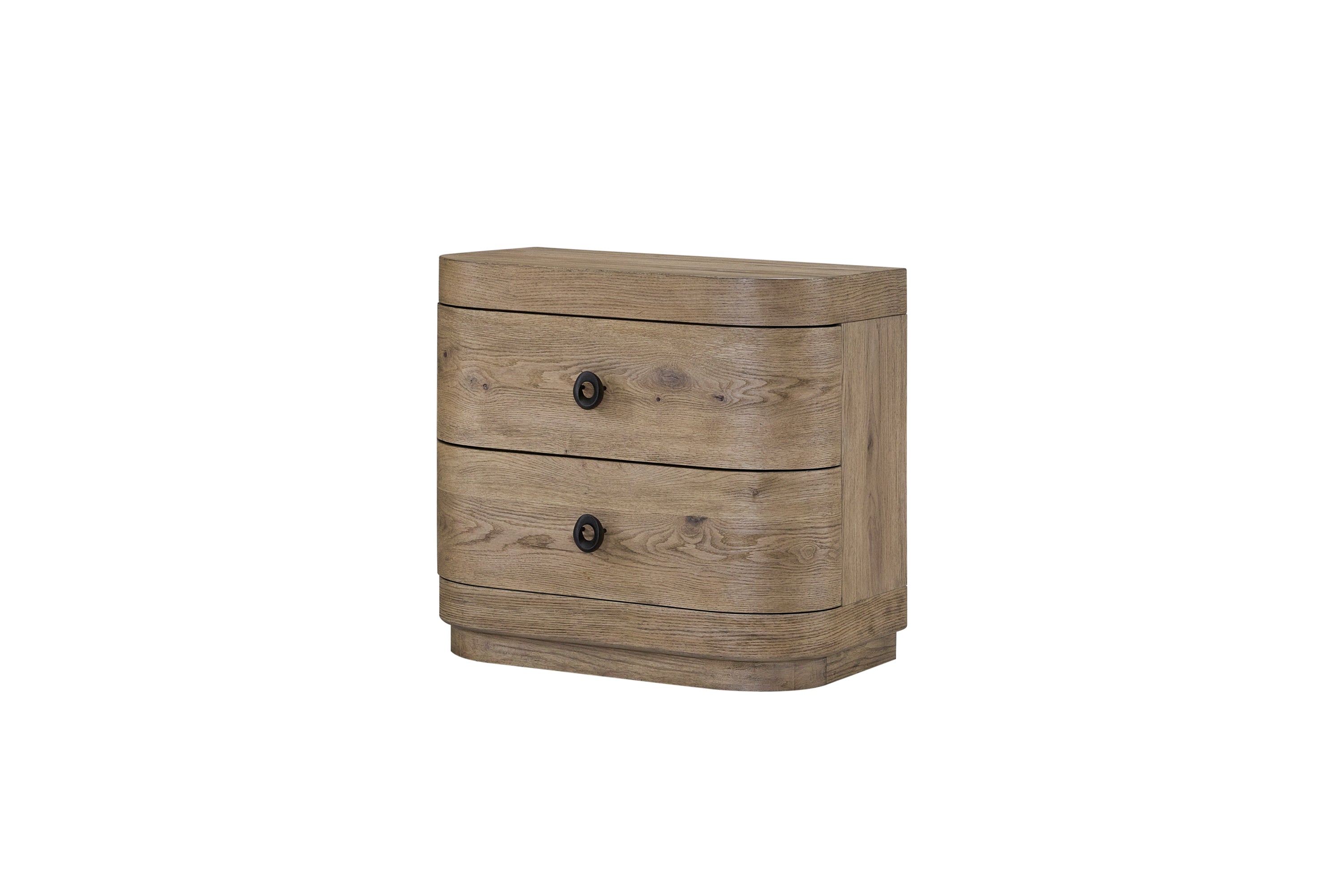 Angled view of 2-Drawer Oak Nightstand with USB, highlighting its English Knotty Oak finish, rounded edges, and solid wood craftsmanship.