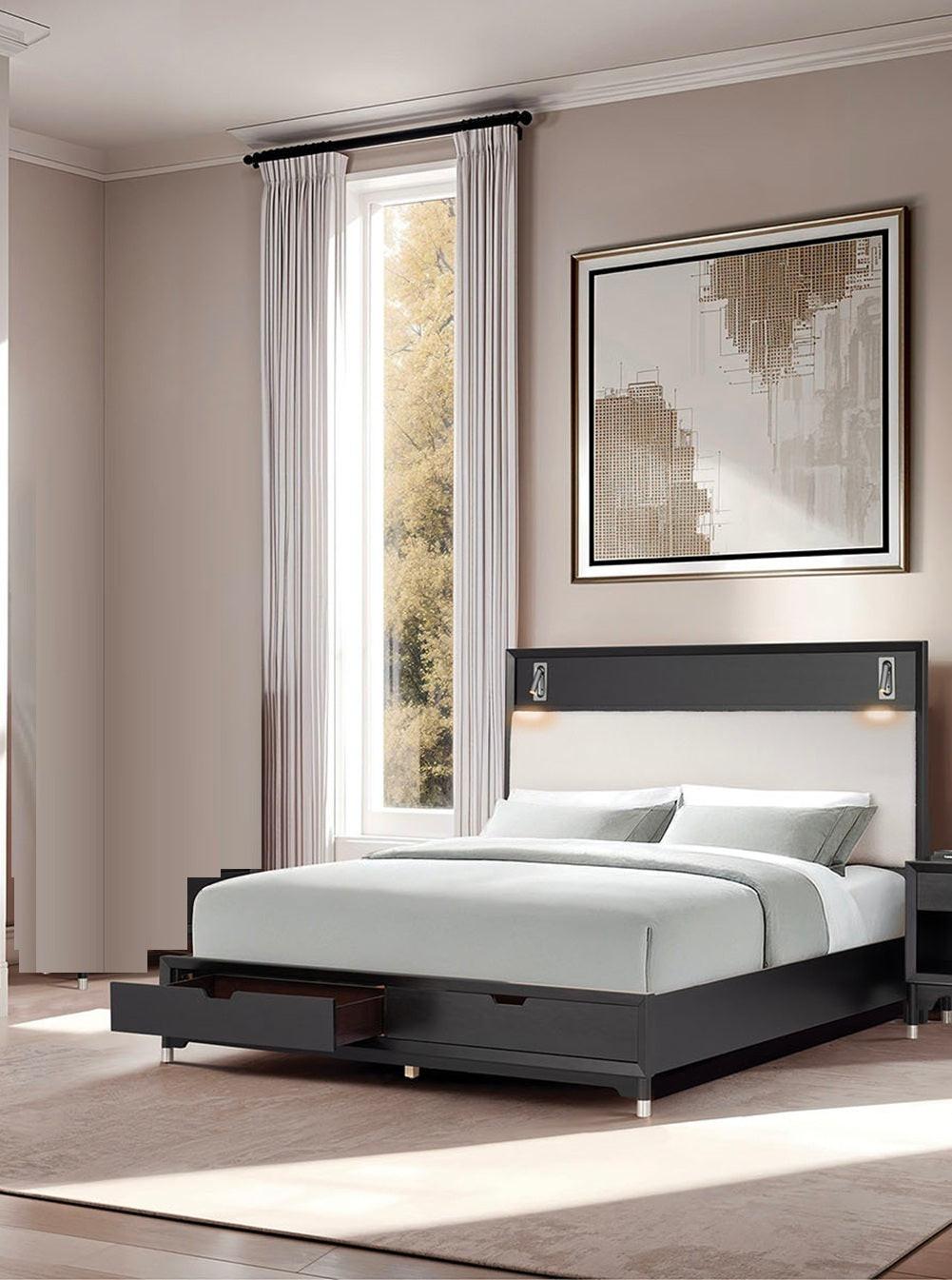Mid-Century Modern King Size Bed with Storage Drawers.