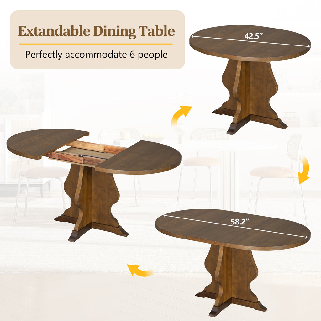 Extendable Farmhouse Dining Table transitions from round to oval to seat up to six, combining flexibility with rustic elegance.