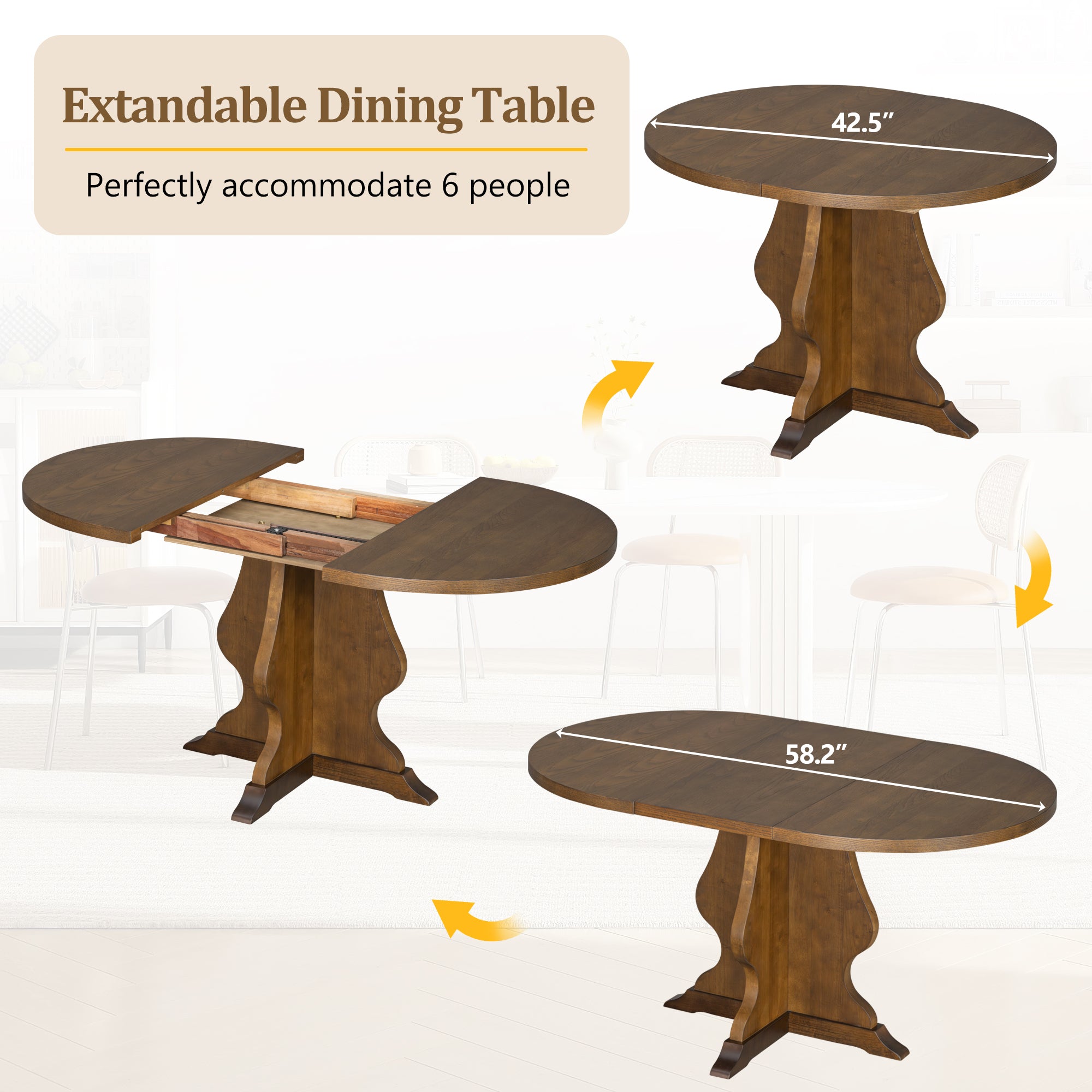 Extendable Farmhouse Dining Table transitions from round to oval to seat up to six, combining flexibility with rustic elegance.