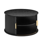 [Assembly Video] Mid-Century Coffee Table Set with Sliding Tambour Door, Round Fluted End Table With Storage, Golden Handle Tall & Low Side Table with Wooden Finish for Living Room, Set of Two, Black.