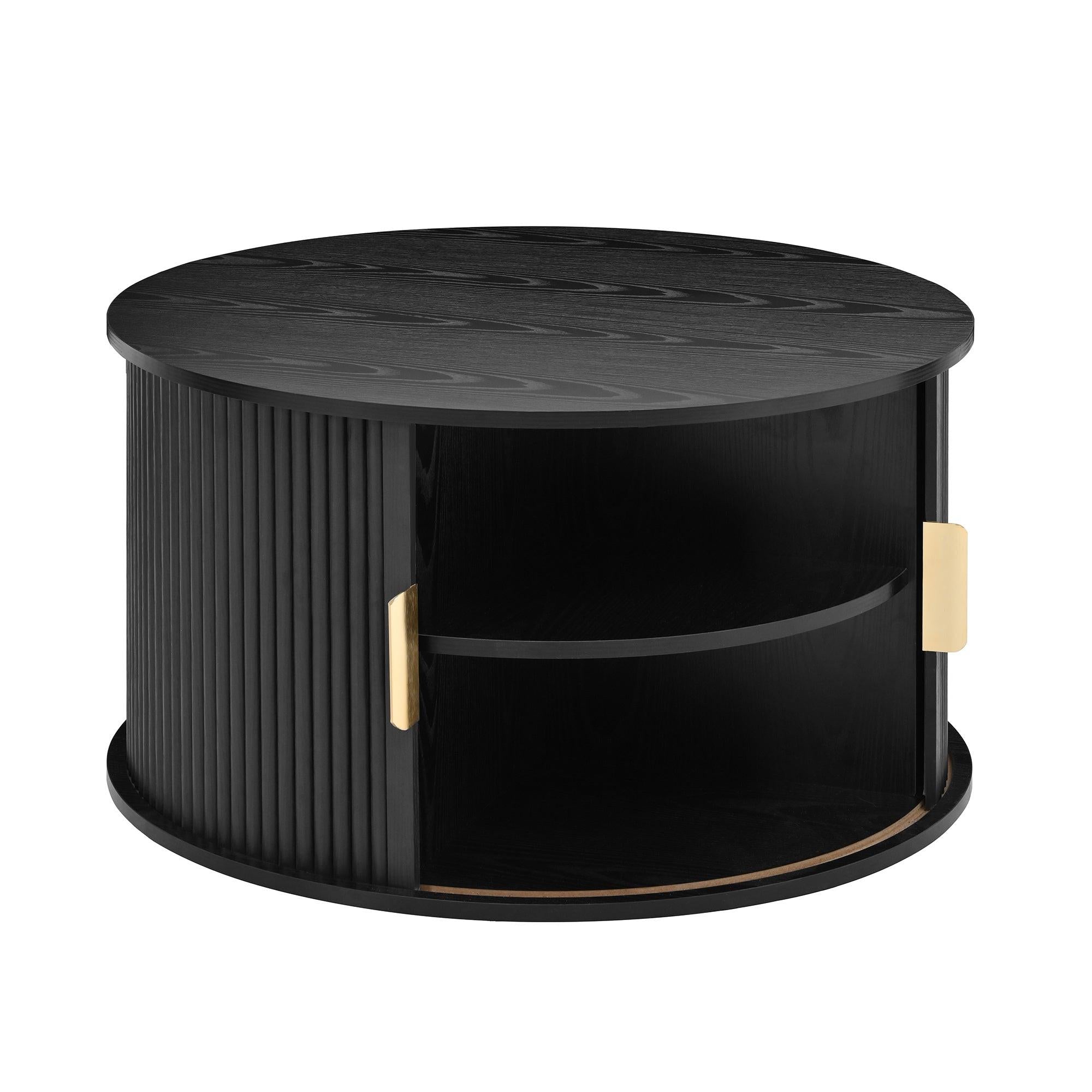 [Assembly Video] Mid-Century Coffee Table Set with Sliding Tambour Door, Round Fluted End Table With Storage, Golden Handle Tall & Low Side Table with Wooden Finish for Living Room, Set of Two, Black.