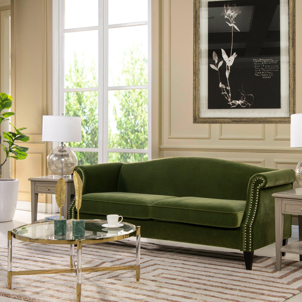 Elaine 77' Small Space Sofa in Olive Green Velvet.