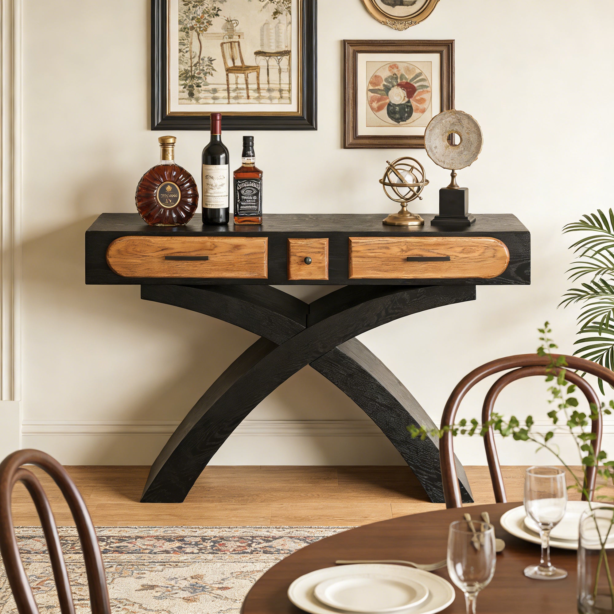 47-Inch Ashwood Veneered Console Table with X-Leg and 2 Drawers