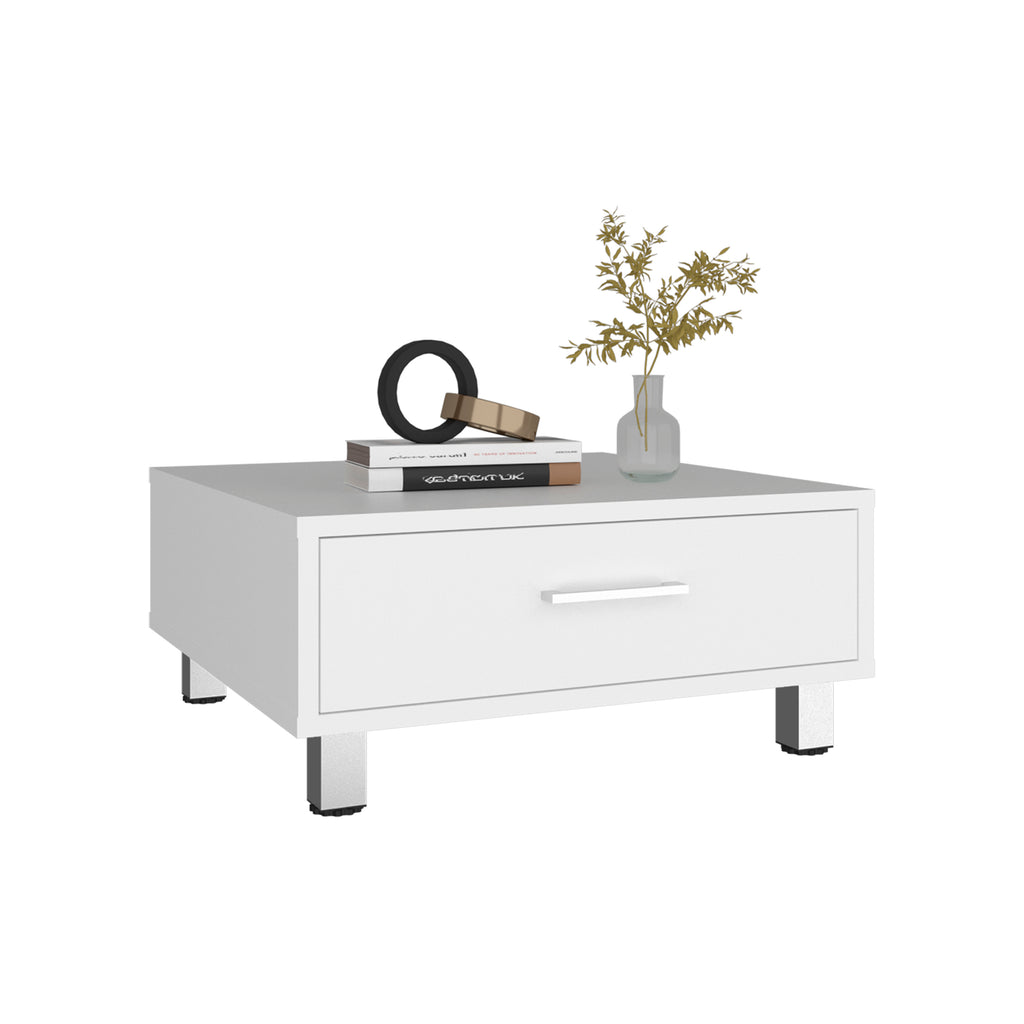 Rectangular White Coffee Table with Storage Drawer and Metal Legs