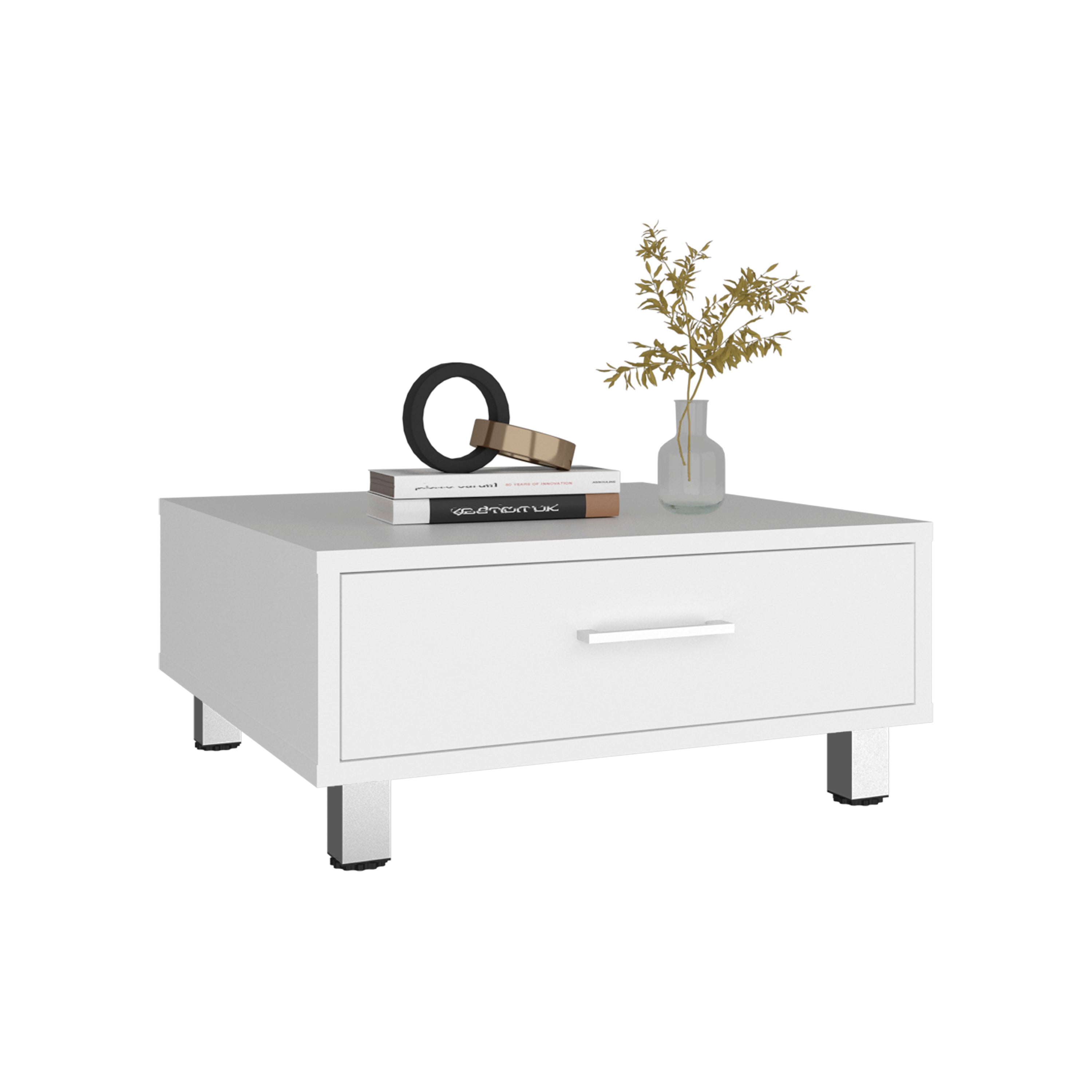 Rectangular White Coffee Table with Storage Drawer and Metal Legs
