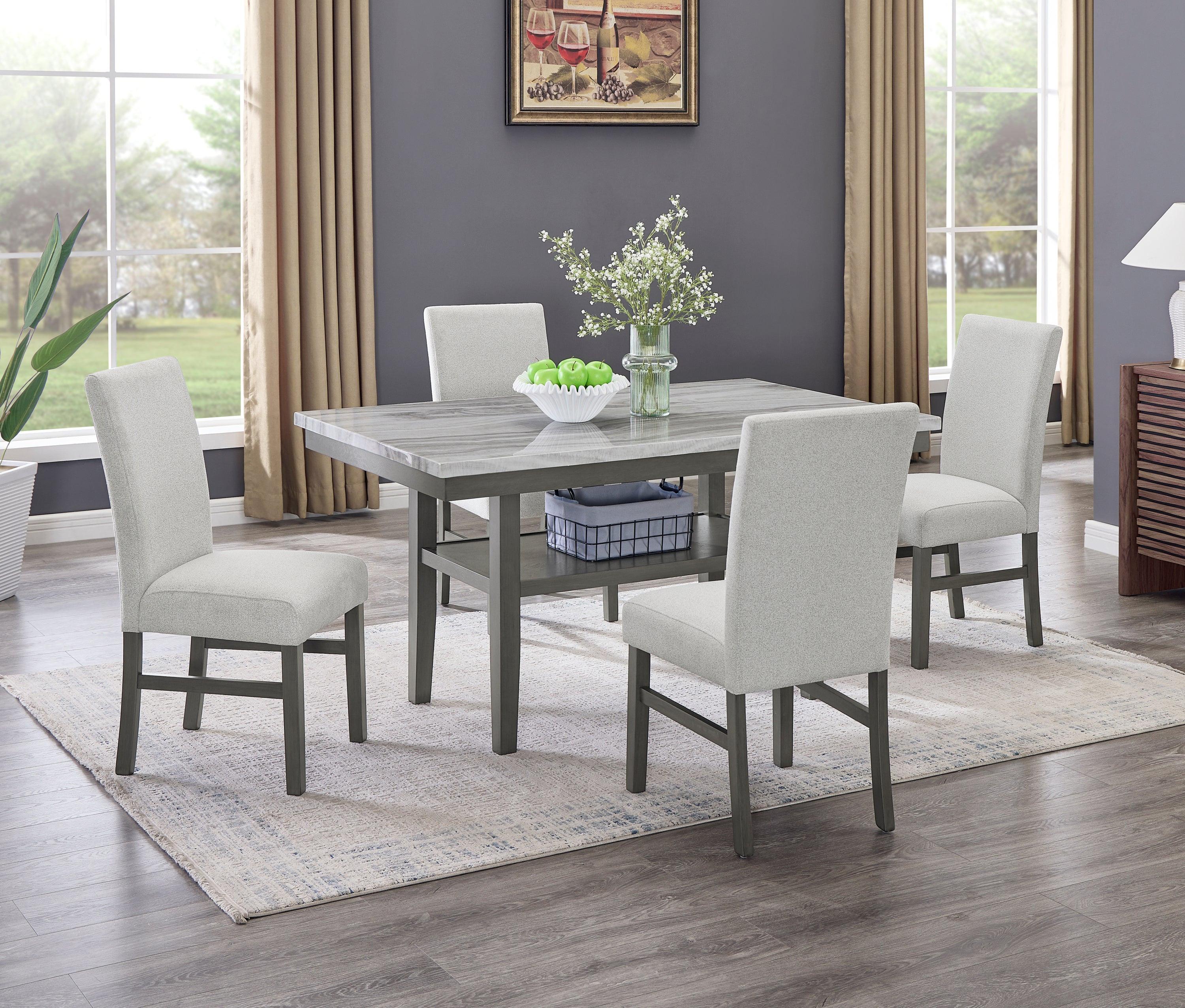 Luna 5-Piece Gray Faux Marble Dining Set with Chairs.