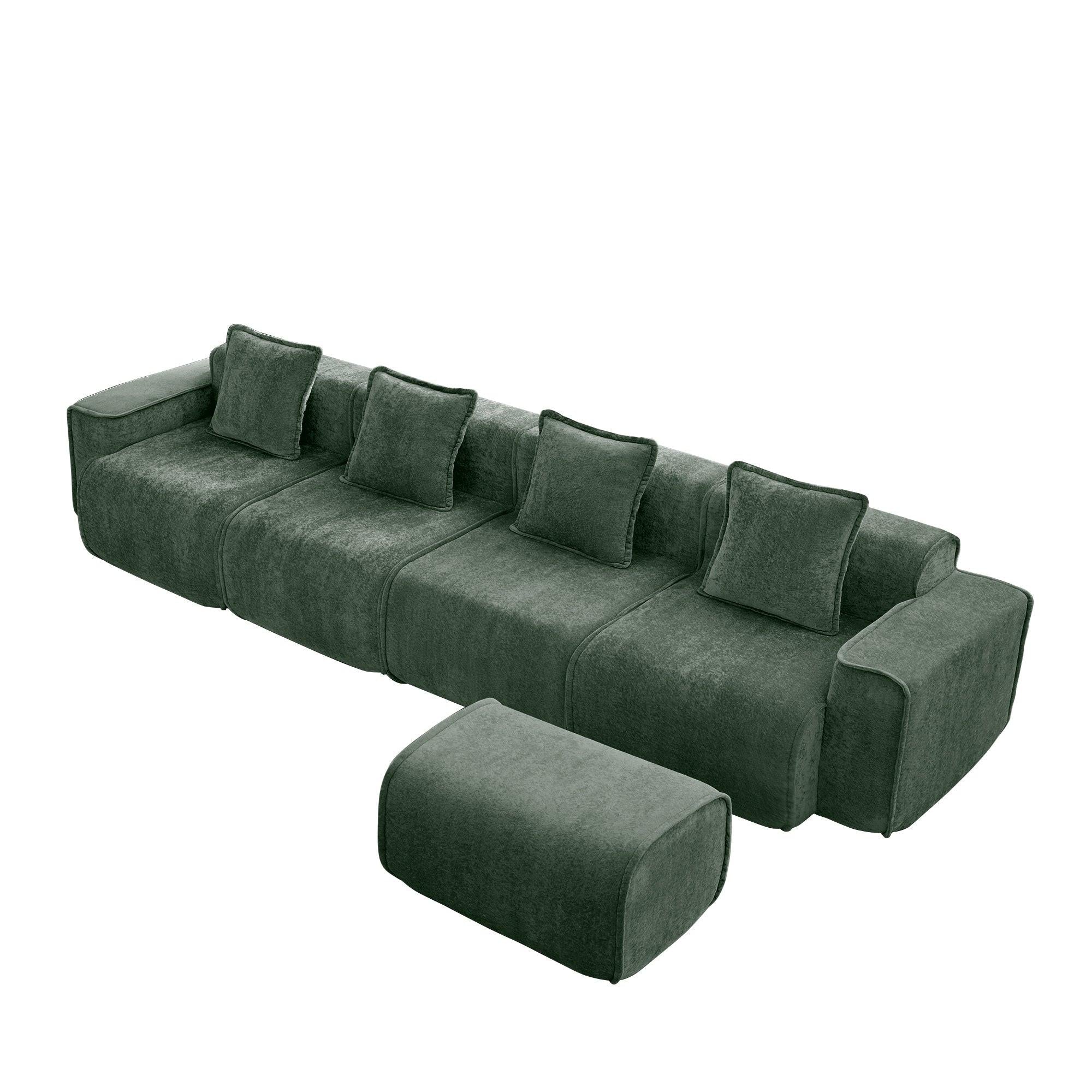 Modular Velvet Sectional Sofa with Ottoman & Pillows.