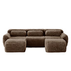 Front view of modular U-shaped sofa in plush chocolate fabric, designed to sleep 3 with no assembly required and ergonomic comfort.