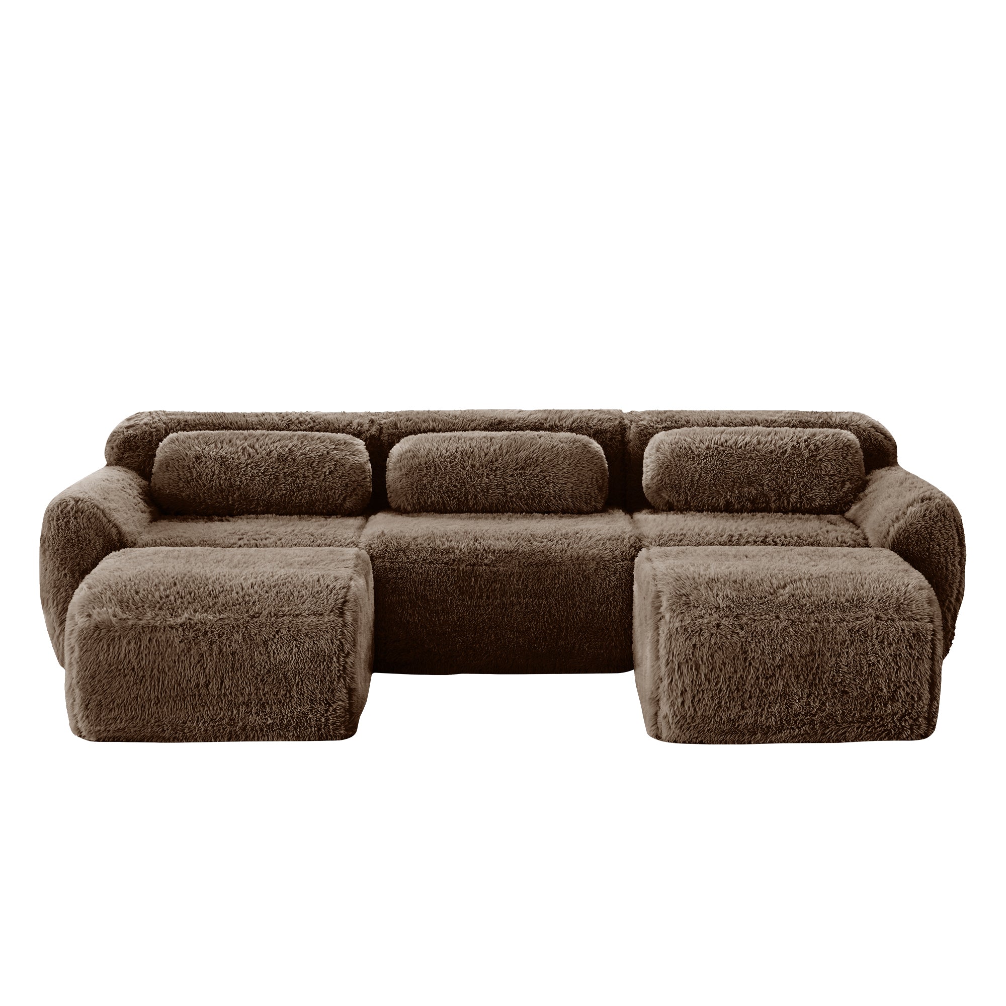 Front view of modular U-shaped sofa in plush chocolate fabric, designed to sleep 3 with no assembly required and ergonomic comfort.