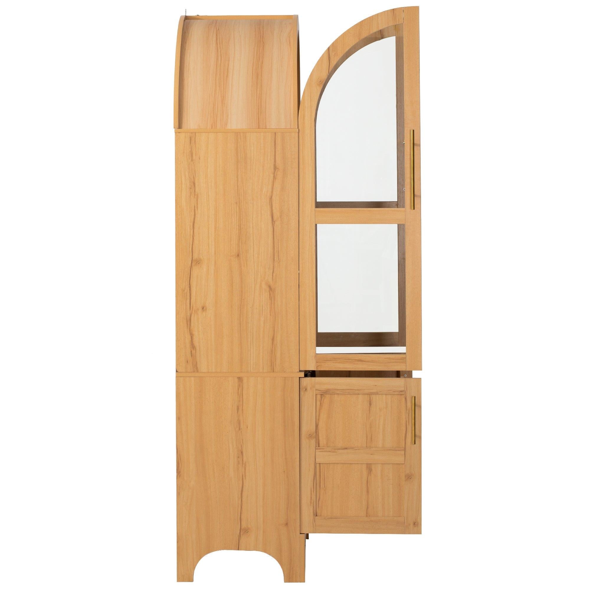 Side view of arched kitchen pantry cabinet with one upper door open, showcasing its tall and elegant profile.