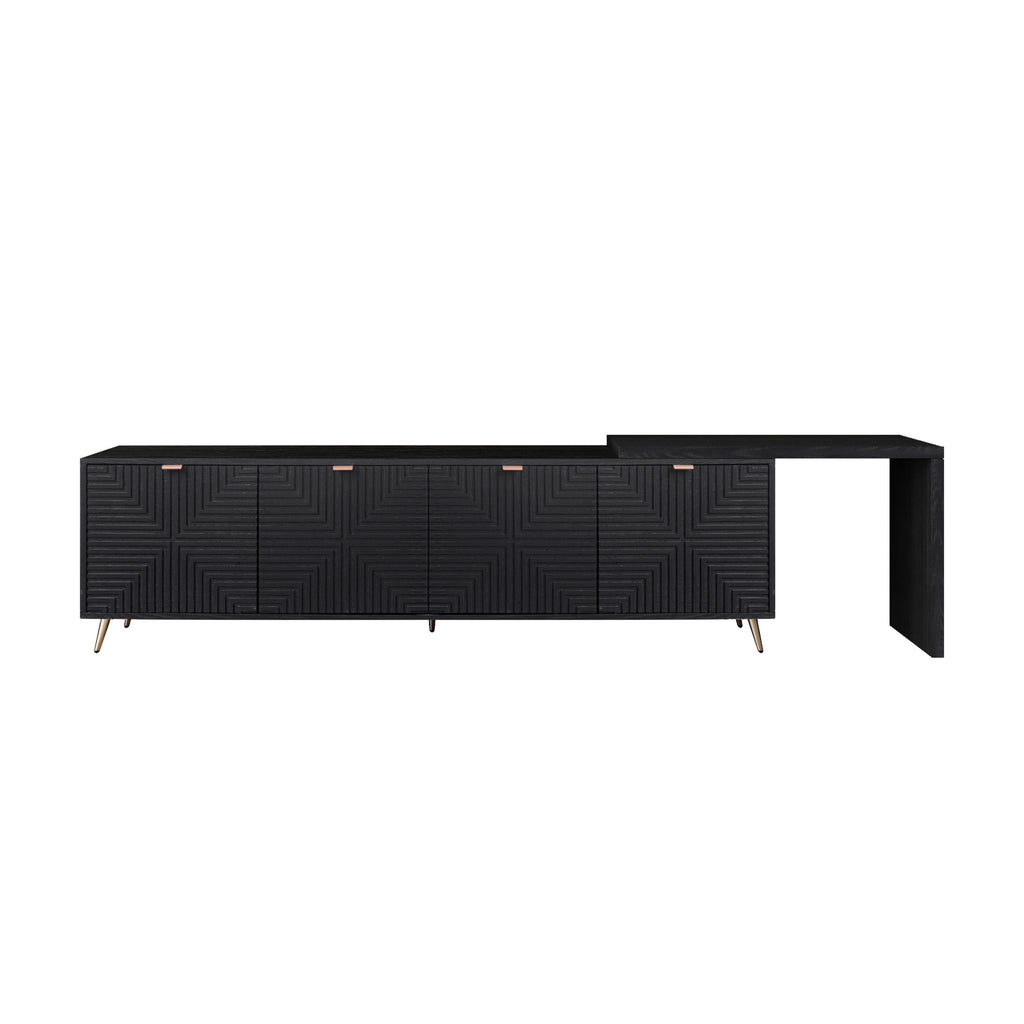 Full view of modern black extendable TV stand with geometric door patterns and gold legs, ideal for living rooms or entryways.