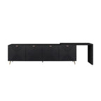 Full view of modern black extendable TV stand with geometric door patterns and gold legs, ideal for living rooms or entryways.
