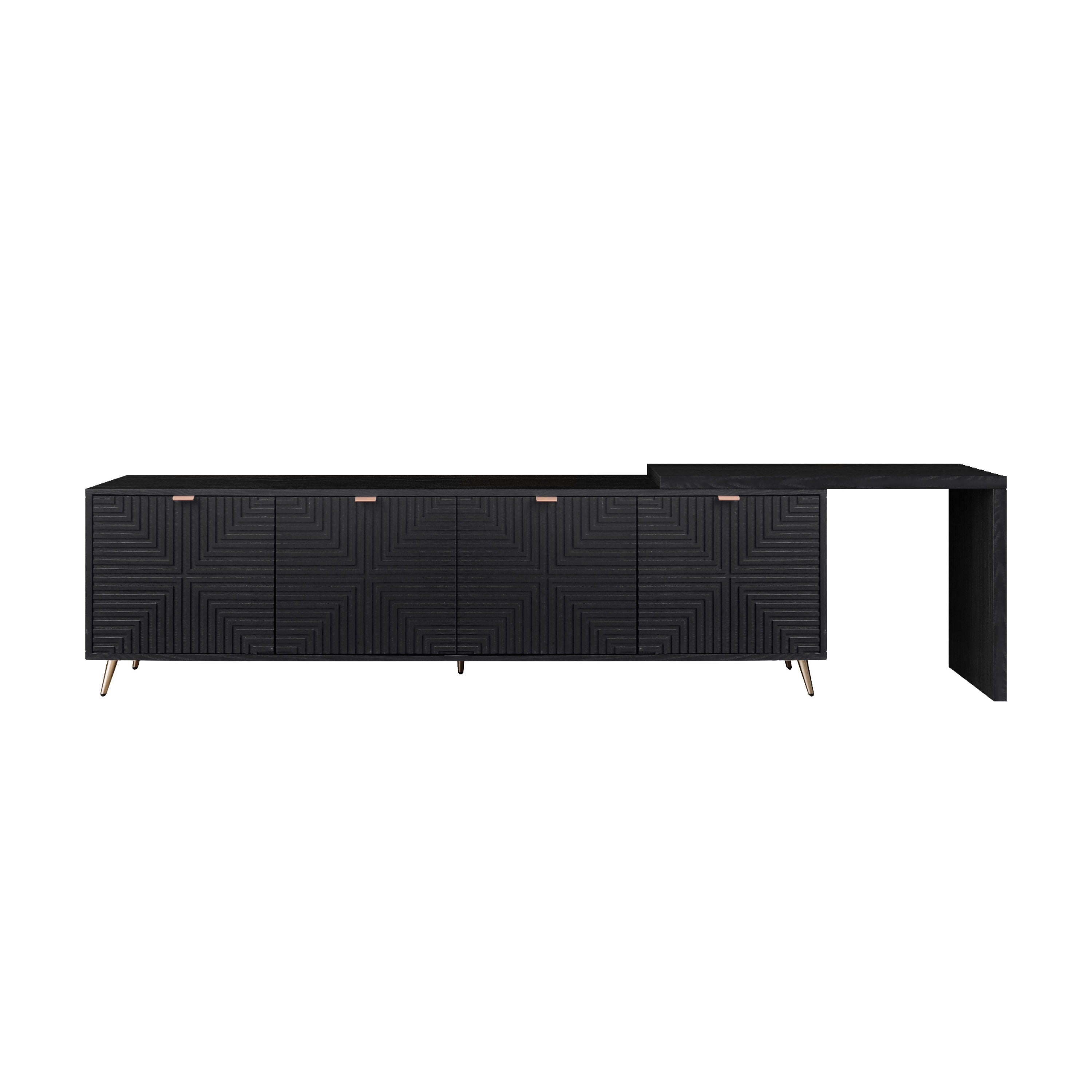 Full view of modern black extendable TV stand with geometric door patterns and gold legs, ideal for living rooms or entryways.