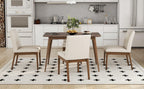Mid-Century Modern Dining Set with solid rubberwood table and four upholstered chairs in a white kitchen. Ideal for small families and modern spaces.