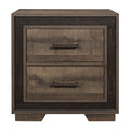 Rustic two-tone nightstand with two drawers, embossed faux-wood finish, and dark metal bar pulls.