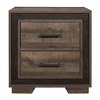 Rustic two-tone nightstand with two drawers, embossed faux-wood finish, and dark metal bar pulls.