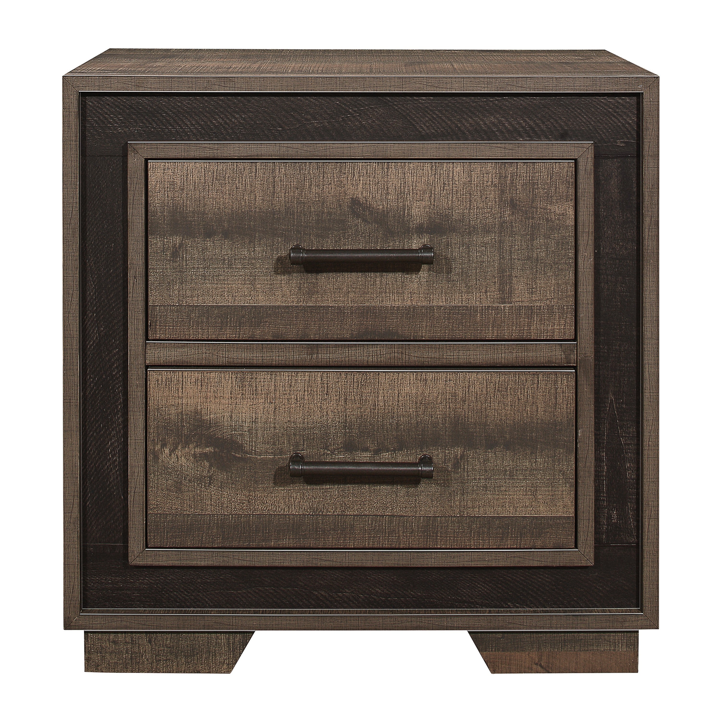 Rustic two-tone nightstand with two drawers, embossed faux-wood finish, and dark metal bar pulls.
