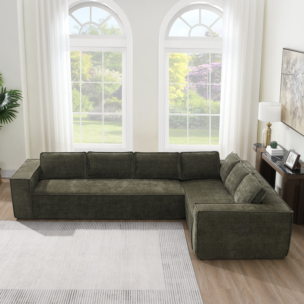 Chenille modular sectional sofa with six seats arranged in an L-shape, placed in a sunlit room with minimalist interior design.