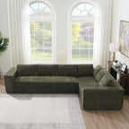 Chenille modular sectional sofa with six seats arranged in an L-shape, placed in a sunlit room with minimalist interior design.