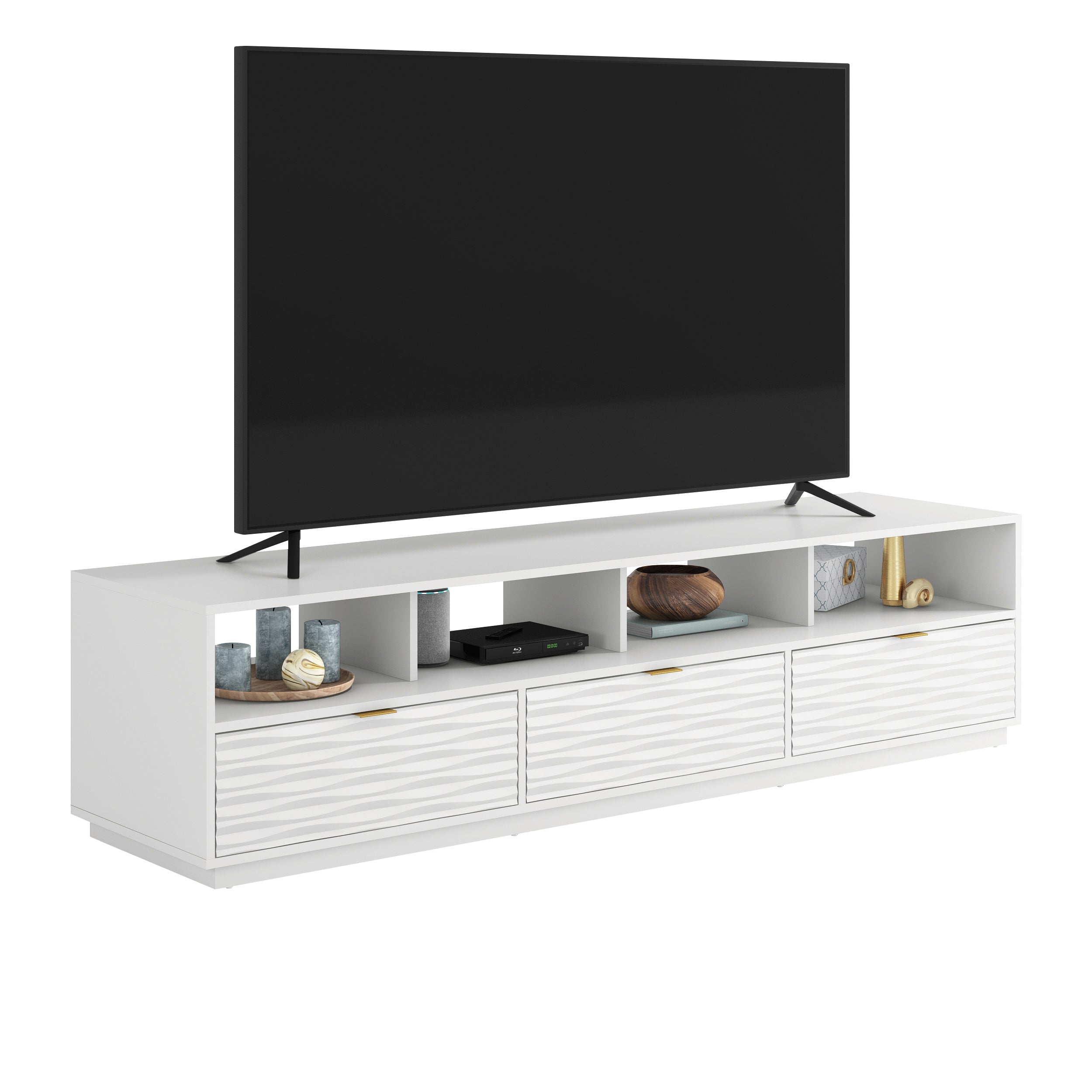 Angled view of White Coastal Credenza with TV and decor, showing functional open shelves and sleek drawer fronts.