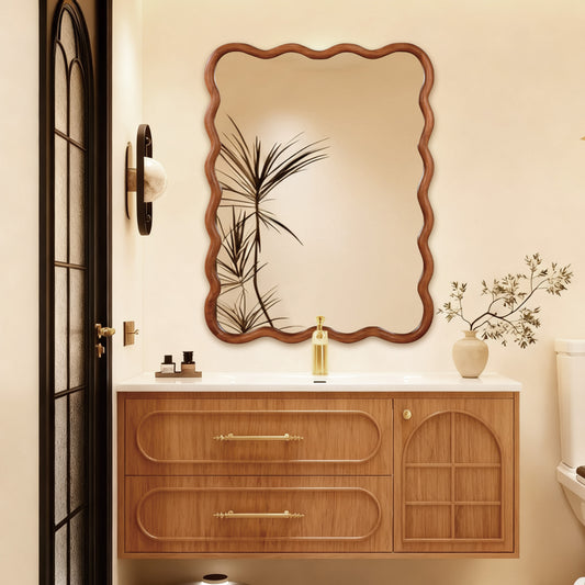 Yellowish Brown 30'x40' Wavy Rectangle Solid Wood Frame Decorative Mirror,For Bedroom, Bathroom, Living Room, Entryway