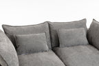 Top view of the Cloud Couch showing two large seat cushions and four plush back pillows in soft grey velvet.