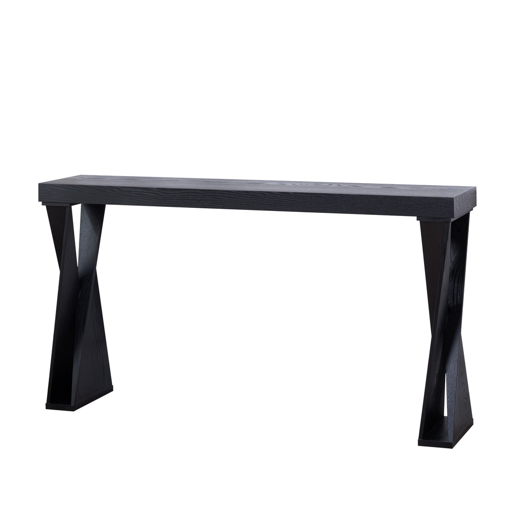 Modern black entryway table with durable wood construction and stylish crossed legs, perfect for hallways or offices.