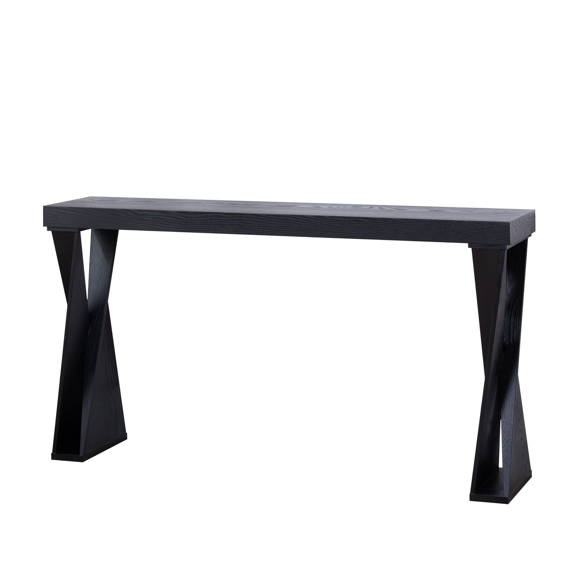 Modern black entryway table with durable wood construction and stylish crossed legs, perfect for hallways or offices.