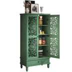 Antique Green Storage Cabinet - 55'' Tall w/ Drawer featuring ornate carved doors, open to reveal shelves with pantry items, ideal for vintage decor.