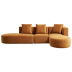 Right-facing cognac velvet sectional sofa with rounded ends and a mid-century modular design against a white background.